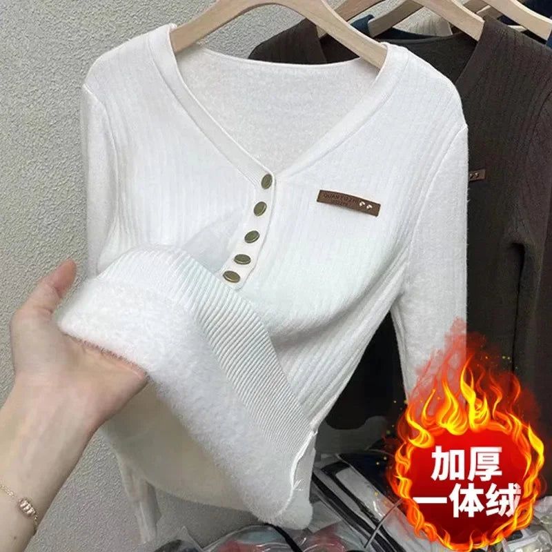 2024 Thicken Velvet V-neck Sweater Women Korean Fashion Lined Warm Sueter Knitted Pullover Slim Top Winter Jersey Knitwear Jumpe