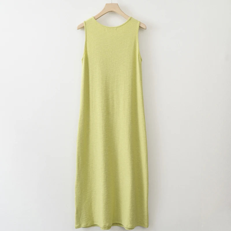 2025 Summer Women Solid Linen V Neck Sleeveless Fashion Dress Split Tank Dress