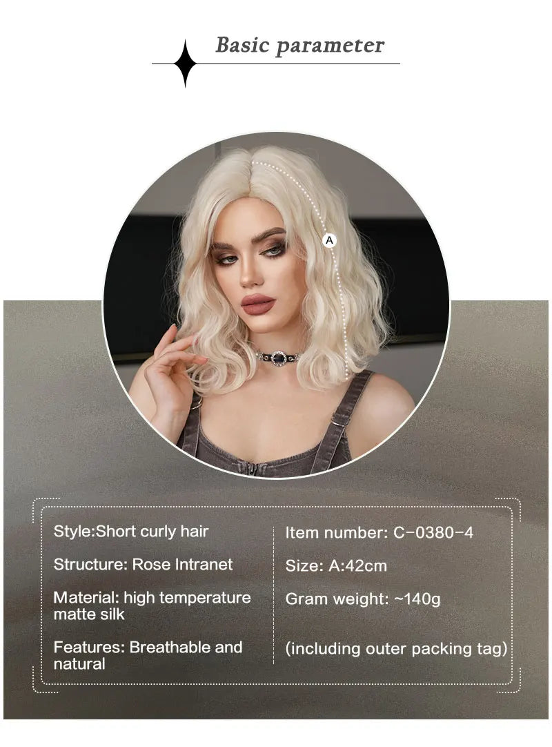 NAMM High Density Synthetic Middle Part Blonde White Wig For Women Daily Short Wavy Bob Wigs With Curtain Bangs Glueless Wig