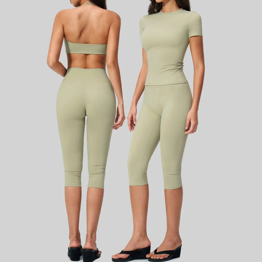 Sports Set Two Pieces Yoga Set Women's Sports Set Quick Drying Short Sleeve Fitness Set Gym Running Slim Capri Pants Sportswear