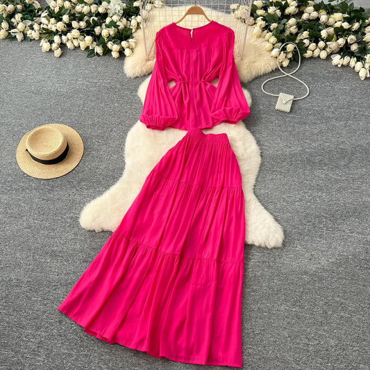 Skirt Set Women Dress Sets Two Piece Sets Round Neck Elegant Casual Loose Tops A Line Long Skirts Elastic Waist Y2k Streetwear