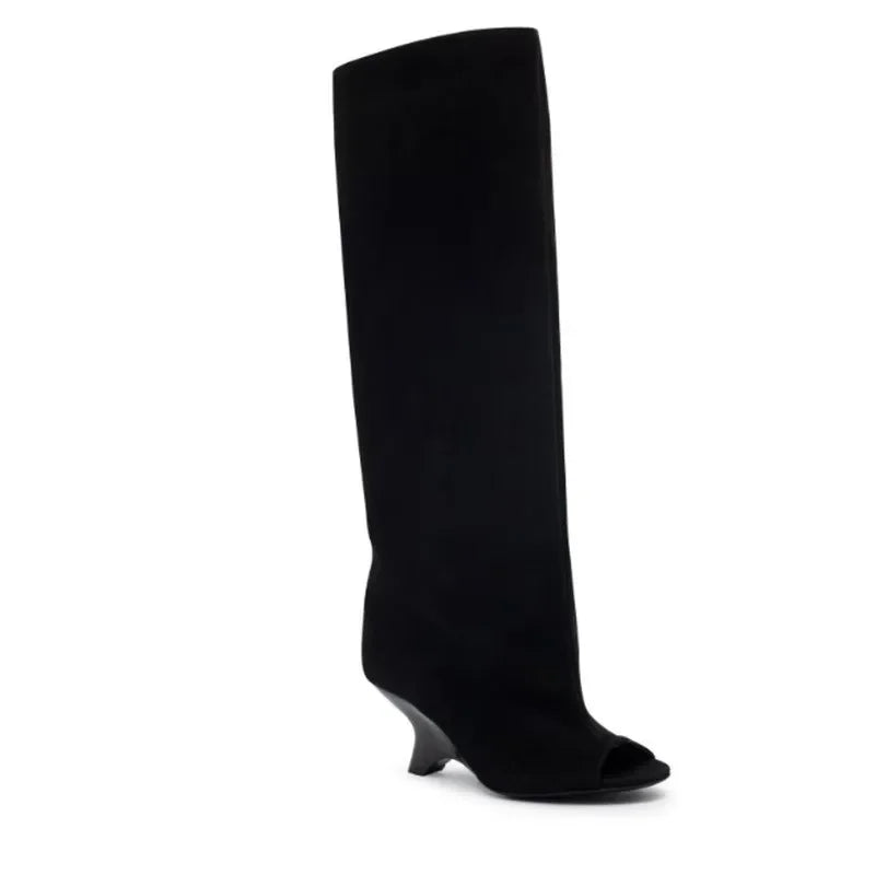 2025 European AndAmerican Nichedesign Versatileopen Toe Long Tube Cool Boots for Women, Crocodile Patterned Irregular High Heels