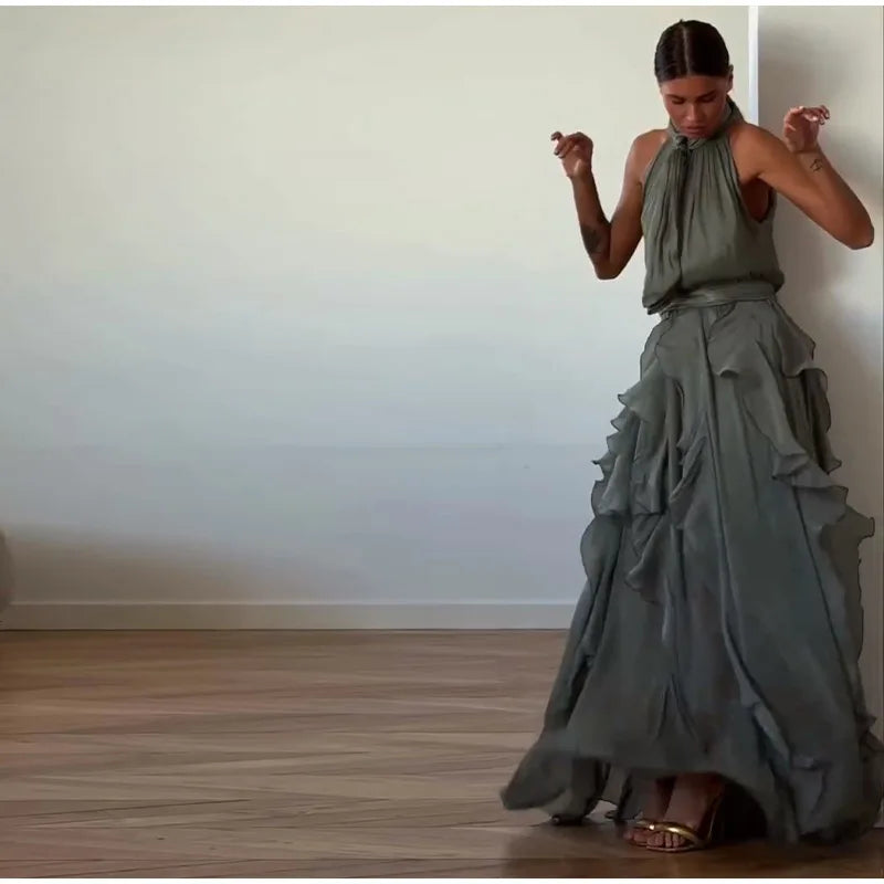 Sexy Cascading Ruffle Pleated Women Long Dress Fashion Lace Up Sleeveless Empire Female Dresses 2026 Spring Summer Lady Robe New
