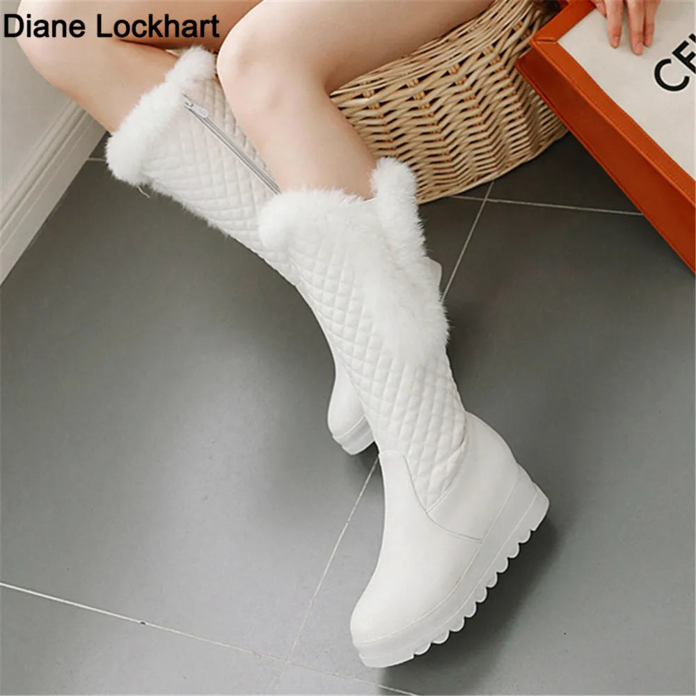Winter Warm Fur Knee High Boots Womens Platform Snow Boots High Heels Female Padded Shoes  High Boots  Free Ship Big Size 41