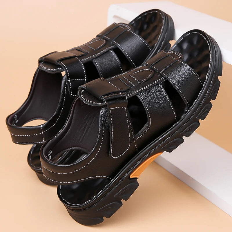 Men's Sandals Adjustable Solid Color Shoes Summer Casual Comfort with Durable Rubber Sole, Breathable PU for Outdoor Walking