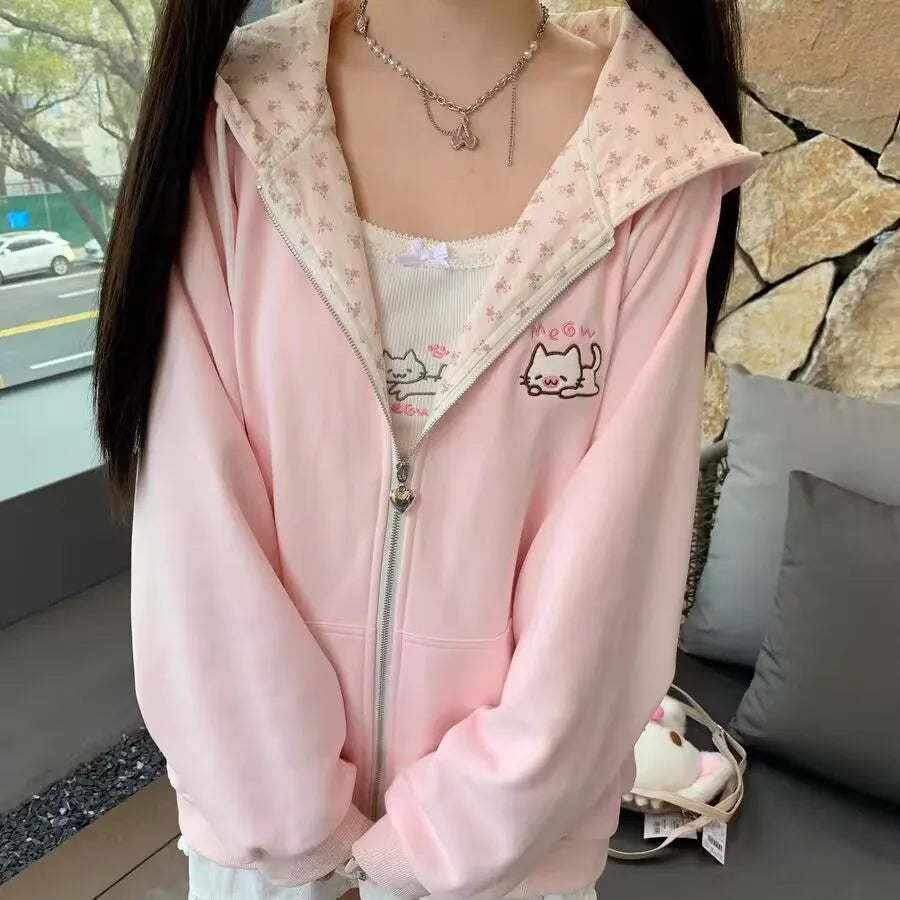 Harajuku Korean  Kawaii Hooded Coat Women Thin Long Sleeve Zipper Cardigan Y2K Streetwear New Mid-length Loose Jackets