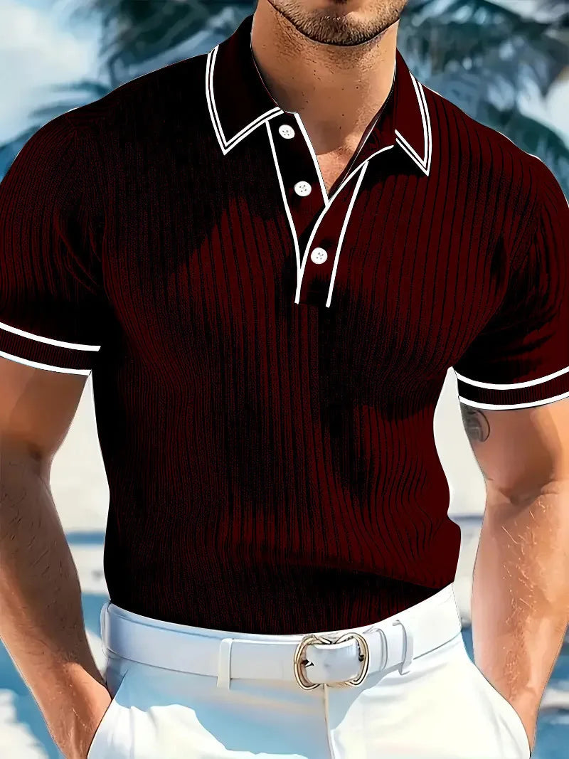 New Men's Short Sleeved Summer Color Blocked Striped Lapel Polo Shirt for Summer