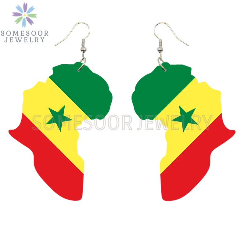 SOMESOOR Afro Countries National Flags Print Africa Map Wooden Drop Earrings Pendant For Women African Mainland Dangle Jewelry