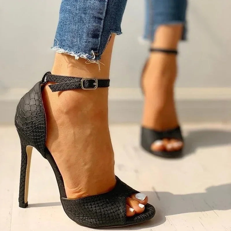 Sexy White Dress Wedding Shoes Women Ankle Strap Peep Toe High Heel Sandals Super High Heels Buckle Snake Pattern Woman Pumps