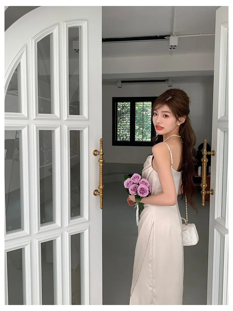 summer Europe and the United States aristocratic style texture satin pleated waist design solid color sexy slit slip dress