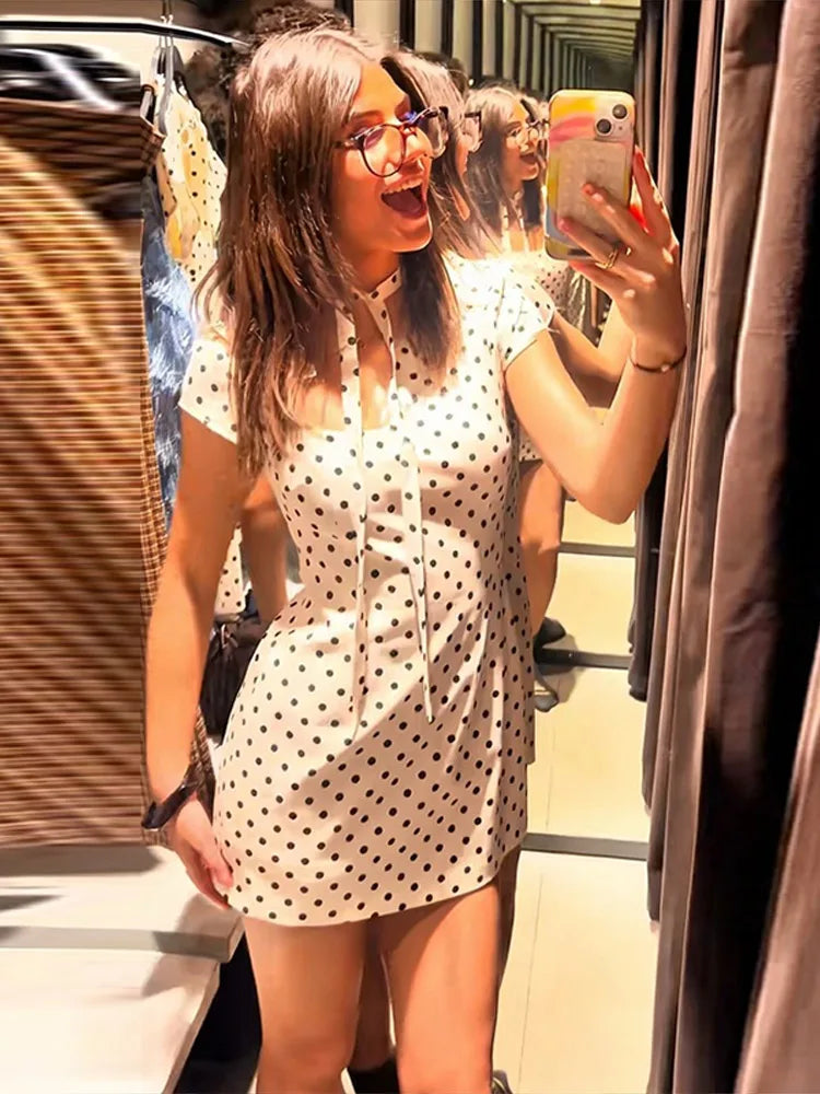 Fashion Polka Dot Printed Short Dress For Women Elegant Lace Up Collar Mini Dress Lady 2026 Spring Chic Evening Party Vestiods
