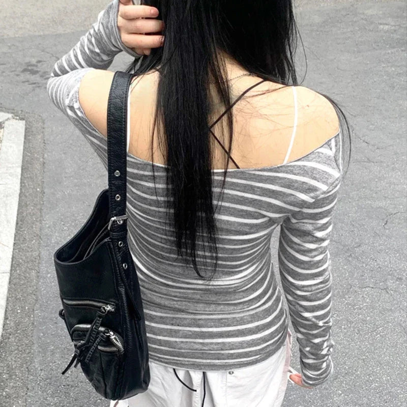 Spring Fall Women's New Japanese Basic Models Slim Long-Sleeved Striped t-Shirt Strapless Korean Street Style y2k Thin Tops BAZAARHUBO