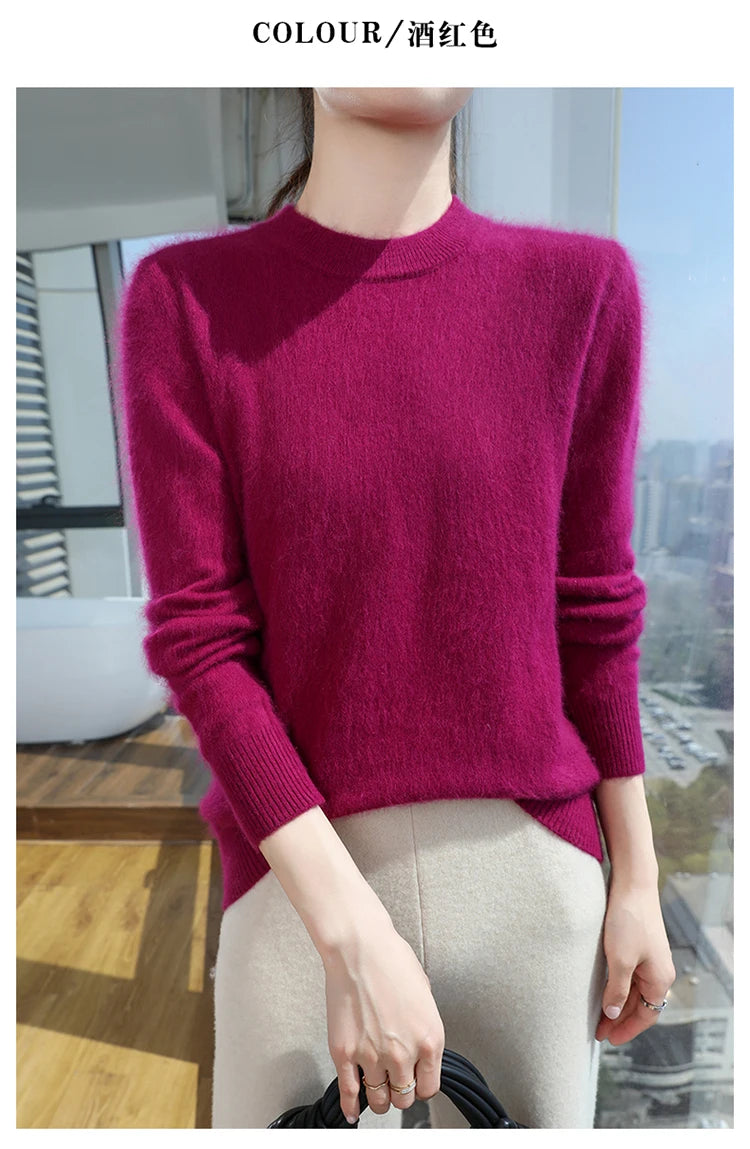 Autumn and winter women's semi high neck pullover sweater solid color knitted slim fit women's 100 mink cashmere sweater new sty