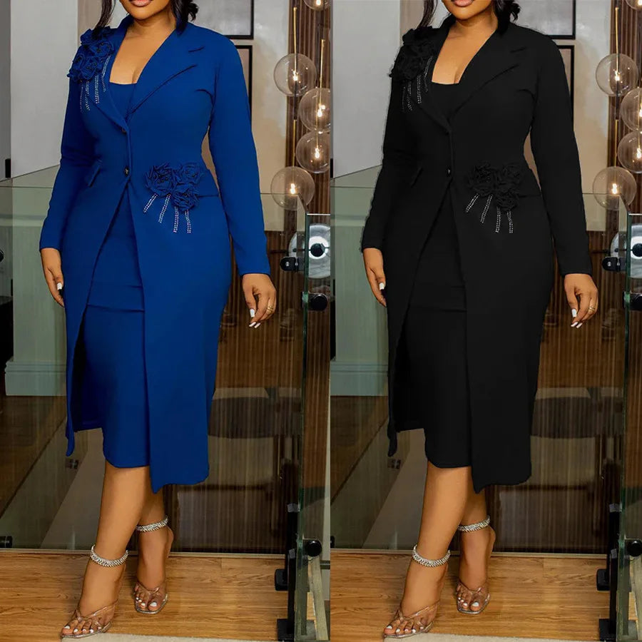 Women Dress Sets Two Pieces Set Matching Set Casual Elegant Flower V Neck Suit Coat Mid Calf Slip Dress Party Night 2025 Work