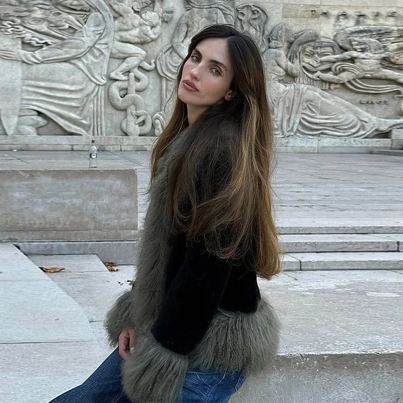 Vintage Patchwork Women's Faux Fur Trim Coat Urban Lapel Full Sleeve Female Jacket Female 2026 Autumn Winter Lady Streetwear New
