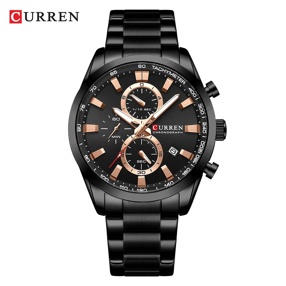 CURREN  New Sports Multifunction Stainless Steel Band Watches Fashion Brand Quartz Men's Wristwatches with Date