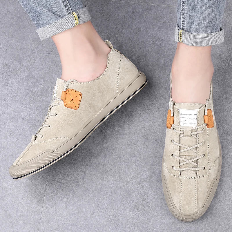 New Soft-Soled Mens Vulcanized Shoes Suede Leather Men Sneakers Fashion Lace-up Solid Shoes Rubber Flats Spring Man Casual Shoes