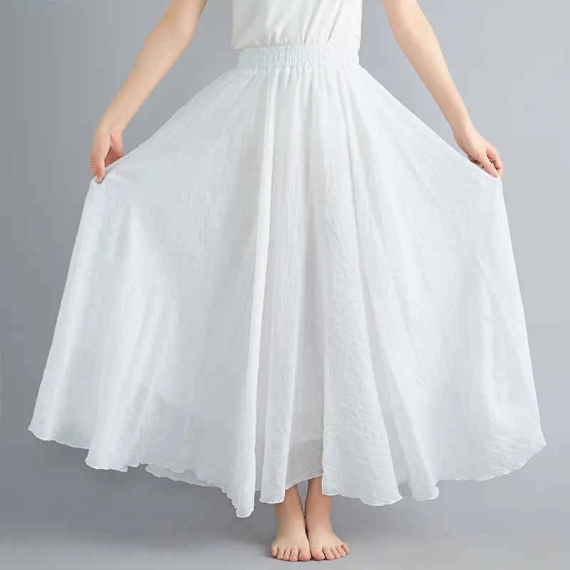 New 2020 Women Linen Cotton Long Elastic Waist Pleated Maxi Skirt Beach Vintage