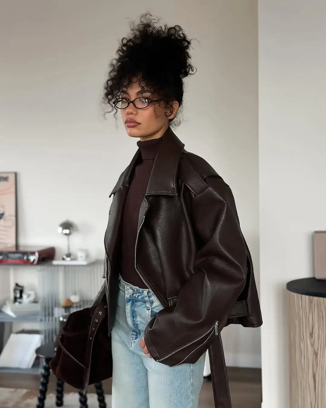 Casual Dark Red  Zipper Leather Short Jackets Women Long Sleeve Lace Up Lapel Loose Button Coat Lady Daily High Street Wear 2026