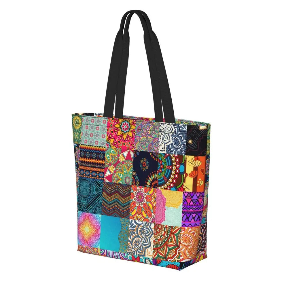 African Ankara Prints Grocery Shopping Tote Bags Women Geometric Ethnic Art Canvas Shoulder Shopper Bags Big Capacity Handbag