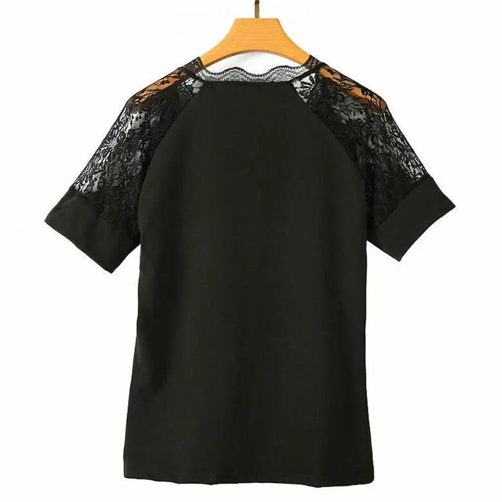 Women V Neck Lace Summer Short Sleeve Tee Top Slim Fit Pullover Blouse