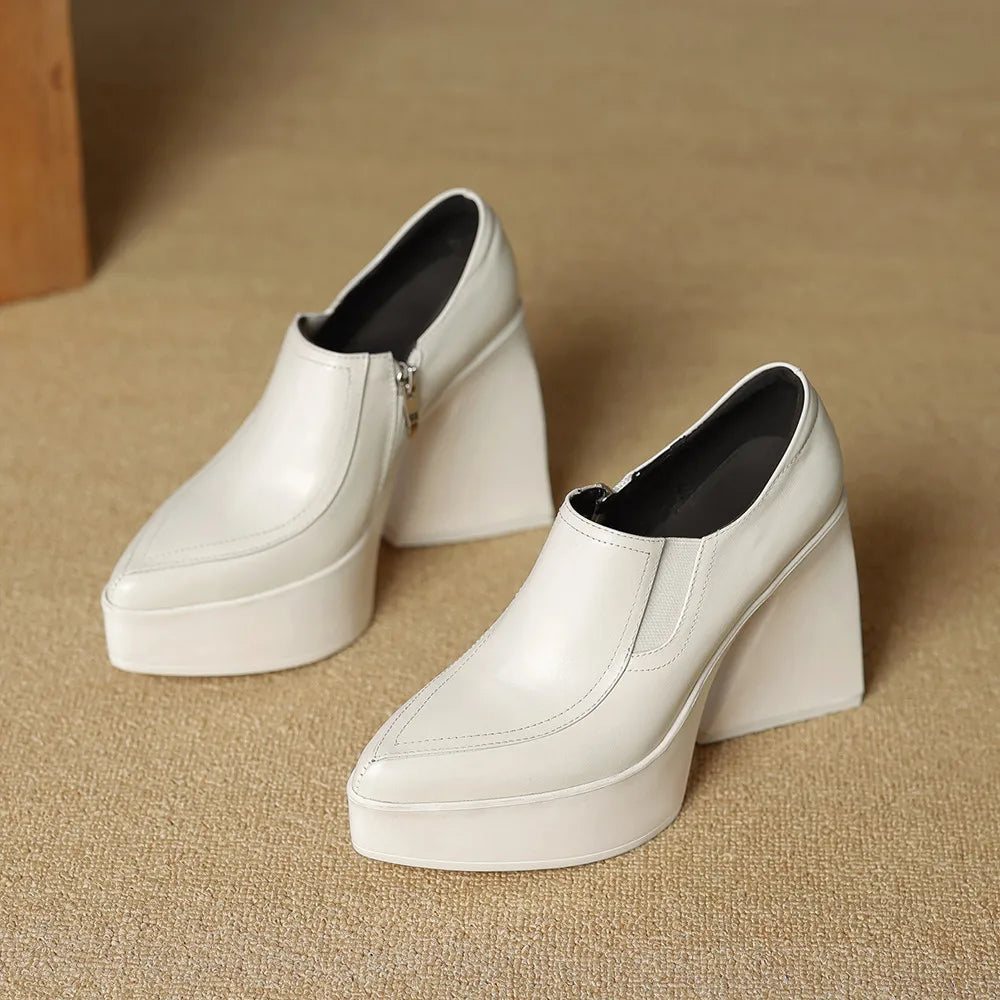 Aucegi New Spring Autumn Women Genuine Leather Pumps Classic Style Pointed Toe Platform Chunky Heel Retro Zipper Handmade Shoes