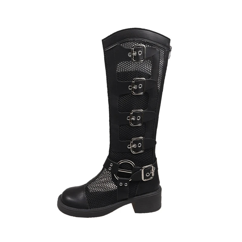 Women's Fashion Cool Boots Summer New Round Head Patchwork Mesh Rivets Metal Buckle Back Zipper Soft Soled Mid-heel Shoes