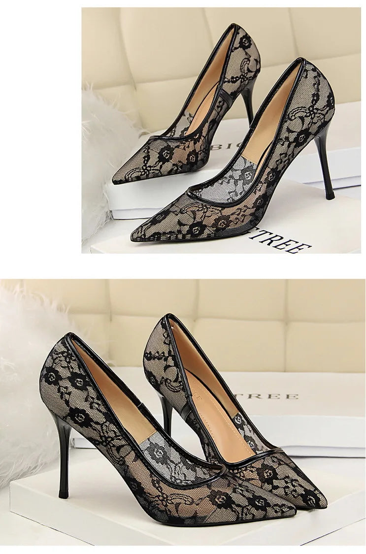 Women Fashion Sexy Pumps High Heels Shoes Female Sexy Wedding Shoes Ladies Stiletto Women New Pointed Toe Mesh Hollow Lace Heels