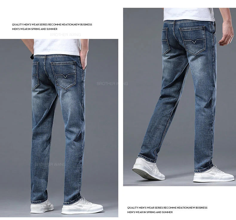 Classic Summer Men's Thin Stretch Fit Jeans Business Casual Slim Fit Denim Pants Soft Fabric High Quality Straight Leg Trousers