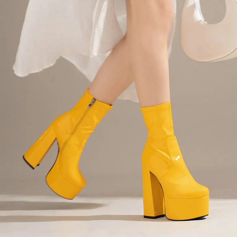 New Lacquer Leather Autumn and Winter Short Boots Women's Thick High Heels Sexy Short Tube Large Fashion Short Boots