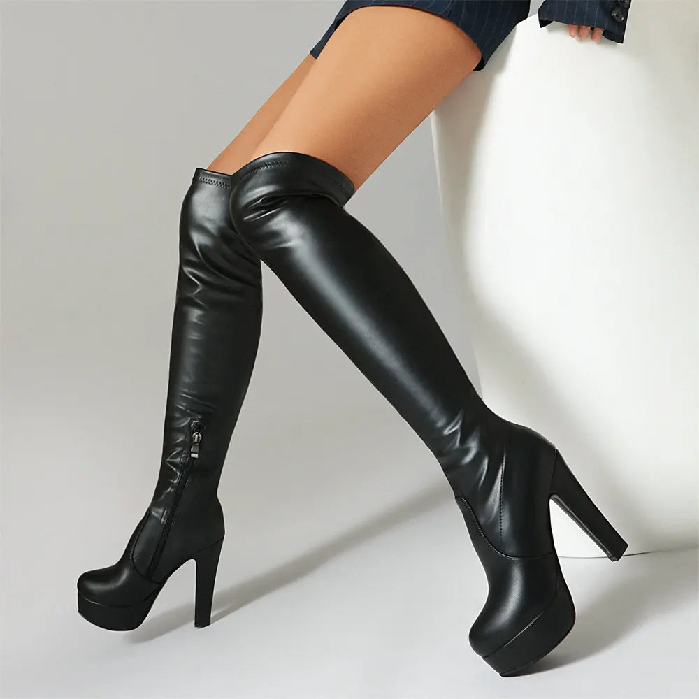 Plus Size 46 Classic Black Over The Knee Boots With Zipper Sexy Platform High Heels Boots Women Shoes for Party Skinny boots