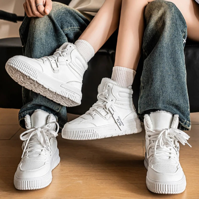 Plush Men's Shoes High Top Couple Sneakers Leather Womens Platform Shoes Comfortable Outdoor Men Running Shoes Breathable New