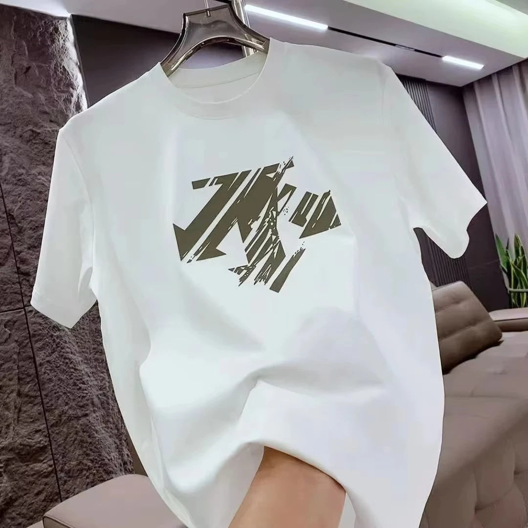 Summer New Trendy Brand Heavyweight 100% Cotton Men's Crew Neck Short Sleeve T-shirt Fashion Casual Print Versatile Top