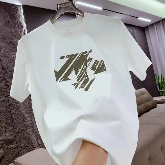 Summer New Trendy Brand Heavyweight 100% Cotton Men's Crew Neck Short Sleeve T-shirt Fashion Casual Print Versatile Top