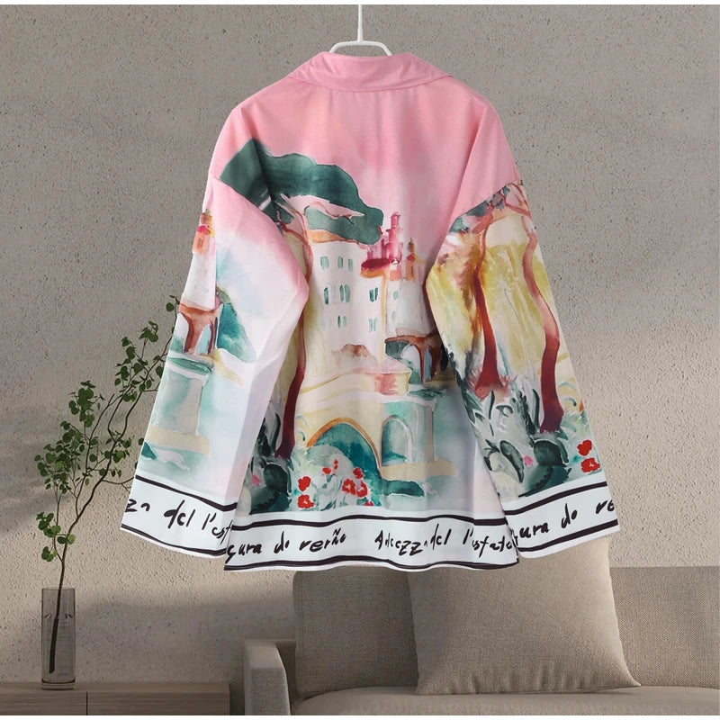 Floral Print Women Two Piece Set With Turn Down Collar Summer Casual Suit