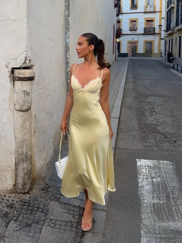Satin Sexy Lace Spliced Maix Sling Dress Women Sleeveless Backless Yellow Vacation Vestidos 2026 Fashion Summer Lady Dresses﻿