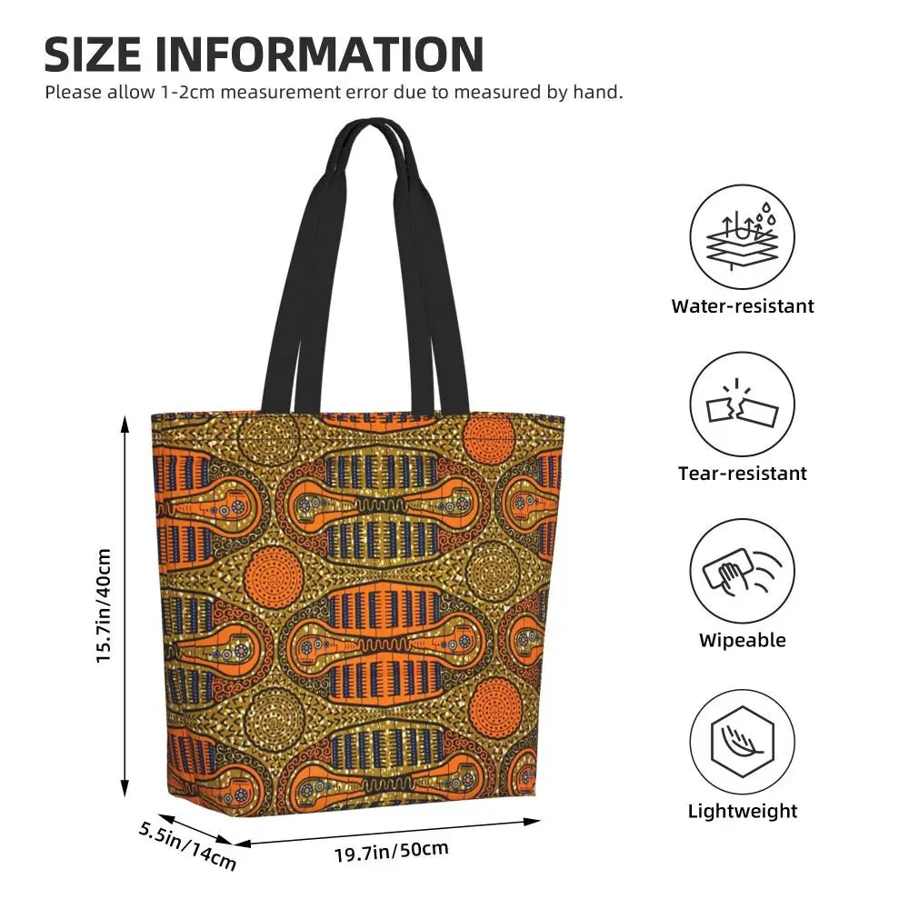 African Ankara Prints Grocery Shopping Tote Bags Women Geometric Ethnic Art Canvas Shoulder Shopper Bags Big Capacity Handbag
