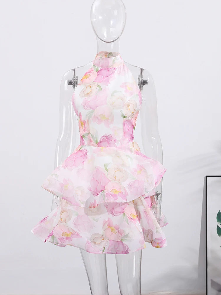 Printed Halter Ruffles Short Dress Women Glamorous Sleeveless Backless Lace Up Party Evening Dresses Chic Ladies Ball Gown New