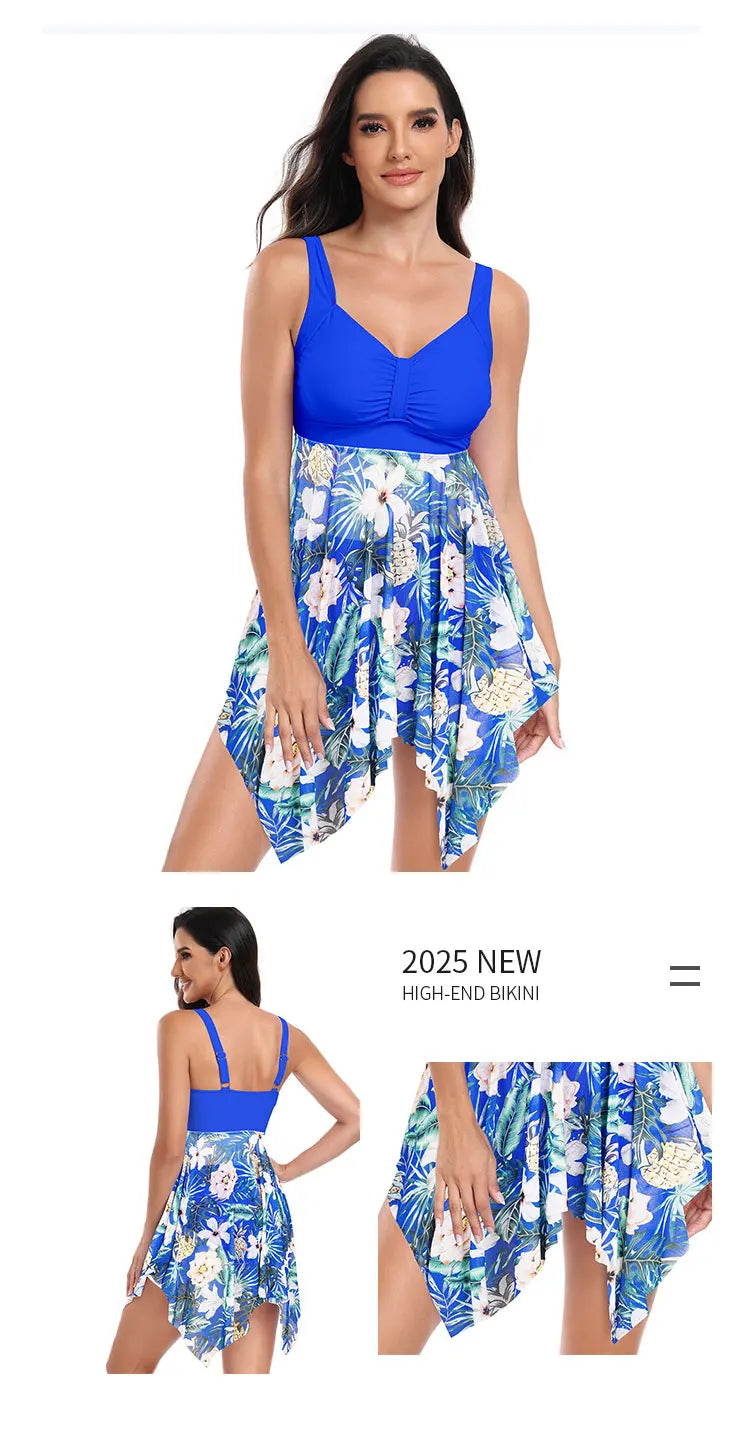 2025 Women Tropical Printed Dress Swimwear Tankini Set High Waist Swimsuit Large Size Quick Drying Bathers Bathing Beachwear