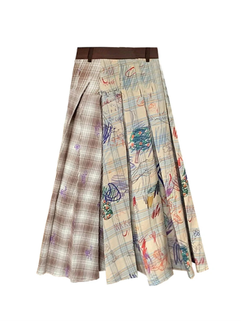 New Women Fashion Plaid Pleated Skirt Patchwork Casual Contrasting Colors A-Line Skirt Asymmetrical 2000s Aesthetic High Street