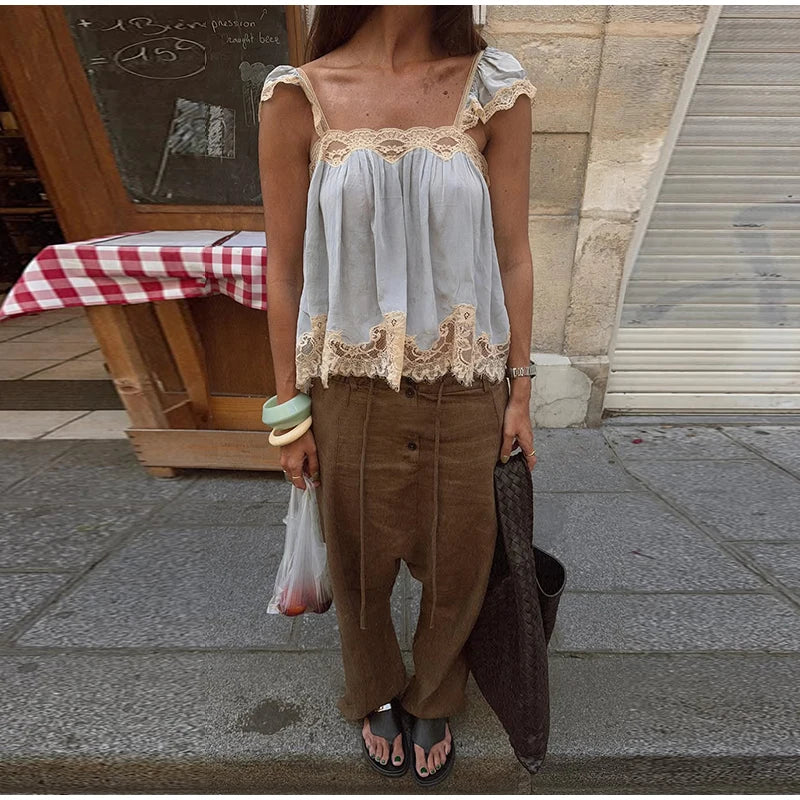 Lace Spliced Square Neck Spaghetti Strap Blouse Loose Fit Cropped 2026 Summer Women Chiffon Top Causal Delicate Lady Blusa