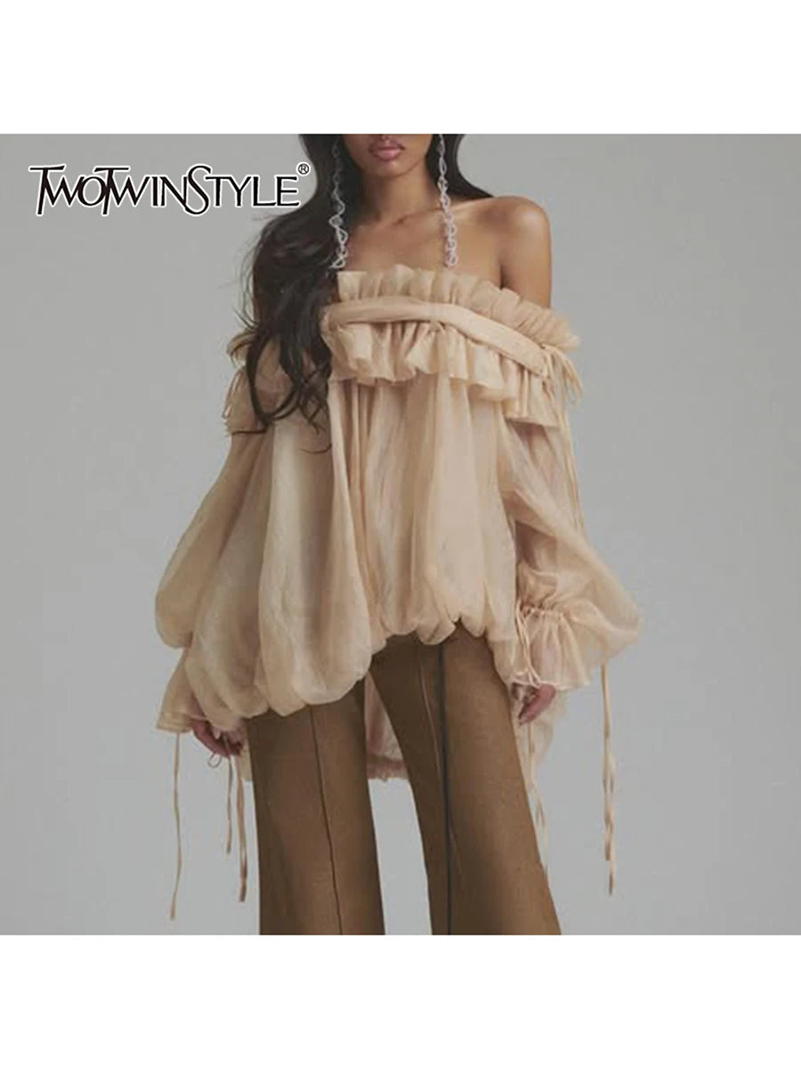 TWOTWINSTYLE Solid Patchwork Loose Casual Blouse For Women Slash Neck Long Sleeve Spliced Lace Up Shirts Female Fashion Style