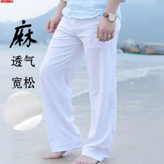 Men's Summer Linen Pants 100% Pure Linen White Casual Trousers Loose Straight Leg Cropped Breathable Pants