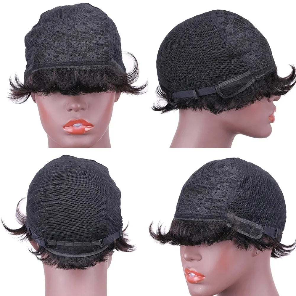 Pixie Cut Wig Human Hair Short Pixie Cut Wigs with Bangs for Black Women Straight Full Machine Made Natural Color