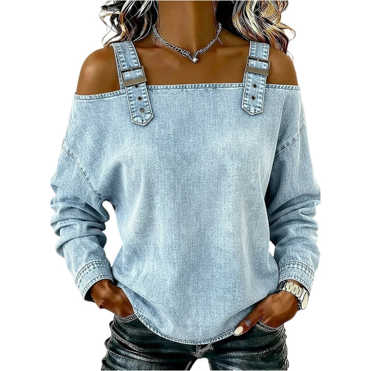 Women's Denim Top, Stylish Off-the-shoulder Long-sleeved Top with Shoulder Straps, Elegant and Versatile Denim Shirt, Streetwea