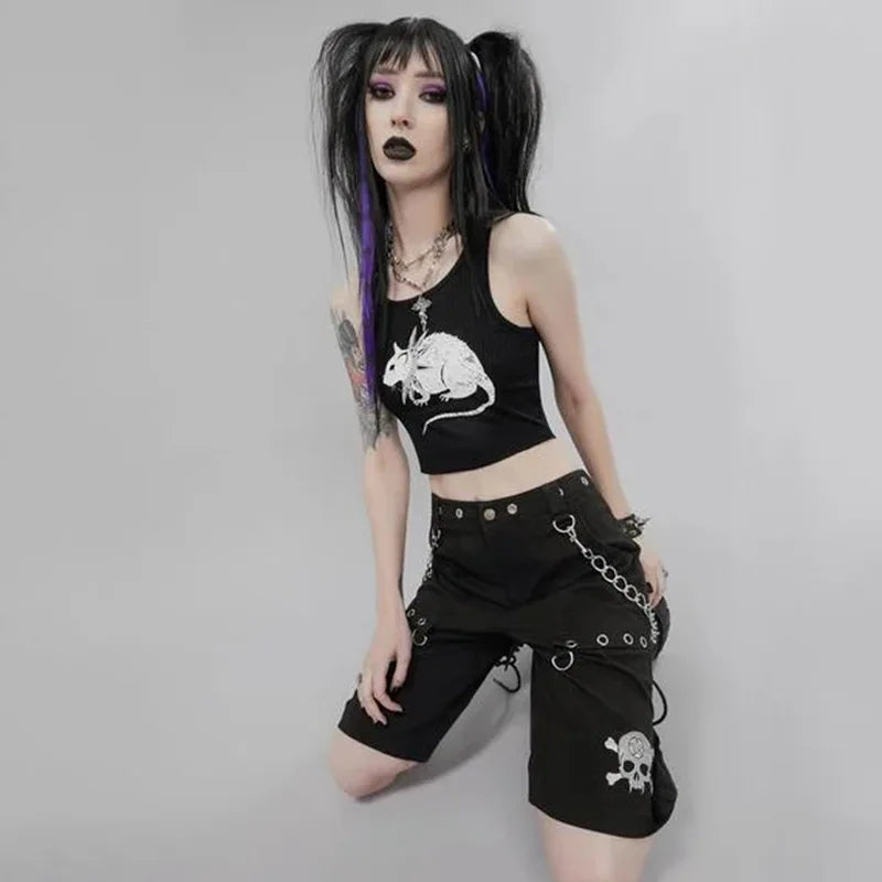 Mouse Print Black Tank Goth Sexy Bodycon Cropped Tops Women Streetwear Harajuku O Neck Knitted Basic Tank Top