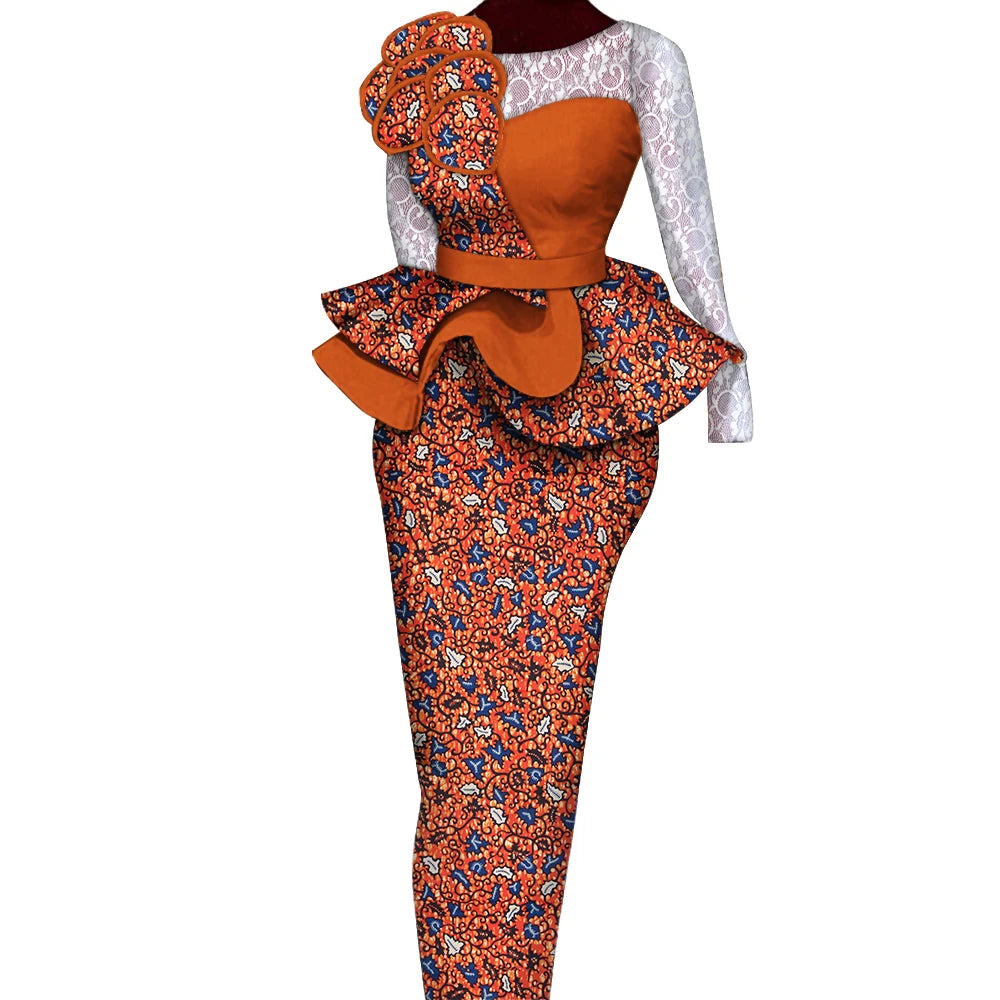 African Skirt Sets Women Suit Long Straight Skirts and Tops with Lace Decoration Bazin Riche Traditional African Clothing WY6195