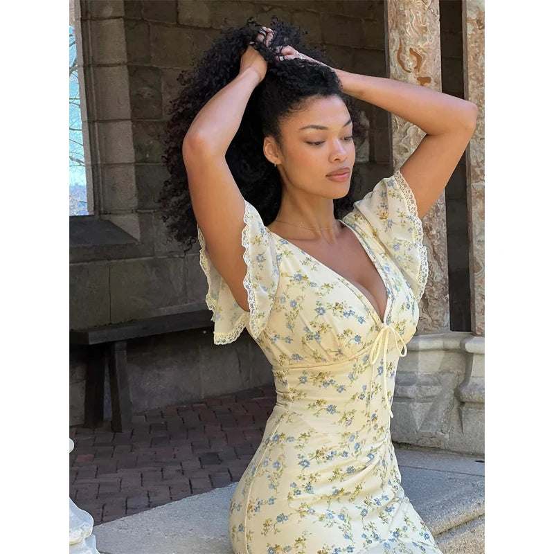 Vintage Print High Neck Midi Dress Belted Waist Bell Sleeve Flared Hem 2026 Summer Spring Chic Women Elegant Wedding Guest Gown