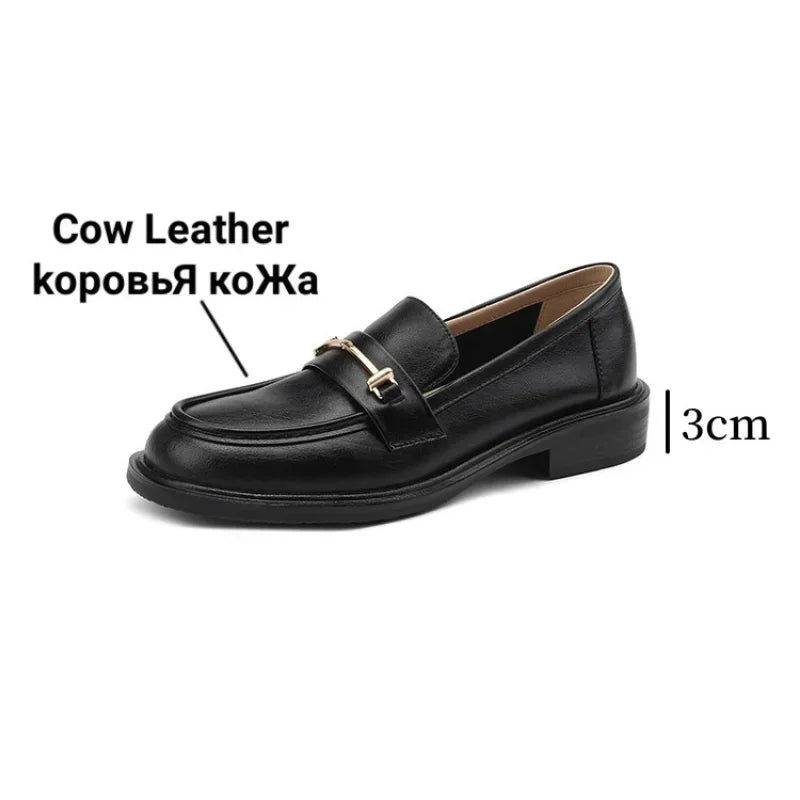 Ochanmeb Natural Leather Loafers Flat Shoes Women Brand Metal Chain Round Toe Slip-ons Flats Ladies Casual Creepers Moccasins 40