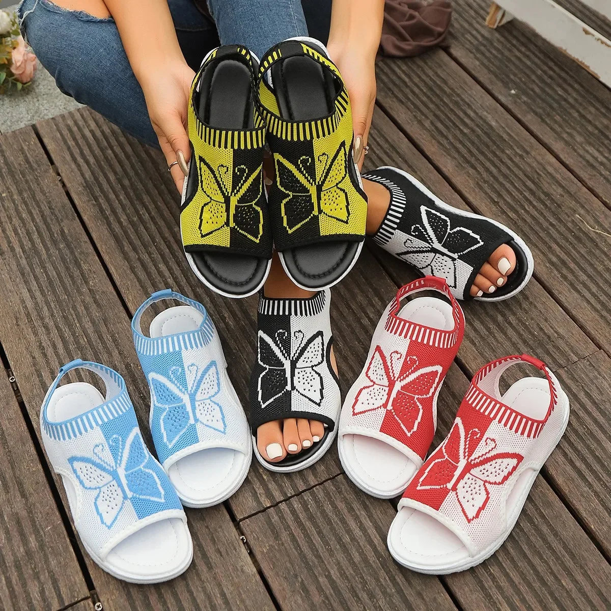 Women Sandals Summer Casual Peep Toe Sandals Mesh Fashion Wedges Butterfly Non Slip Outdoor Breath Sport Sandals Sneakers